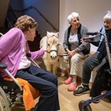 Drei alte Frauen und ein Pony an einer Bank im Altenheim