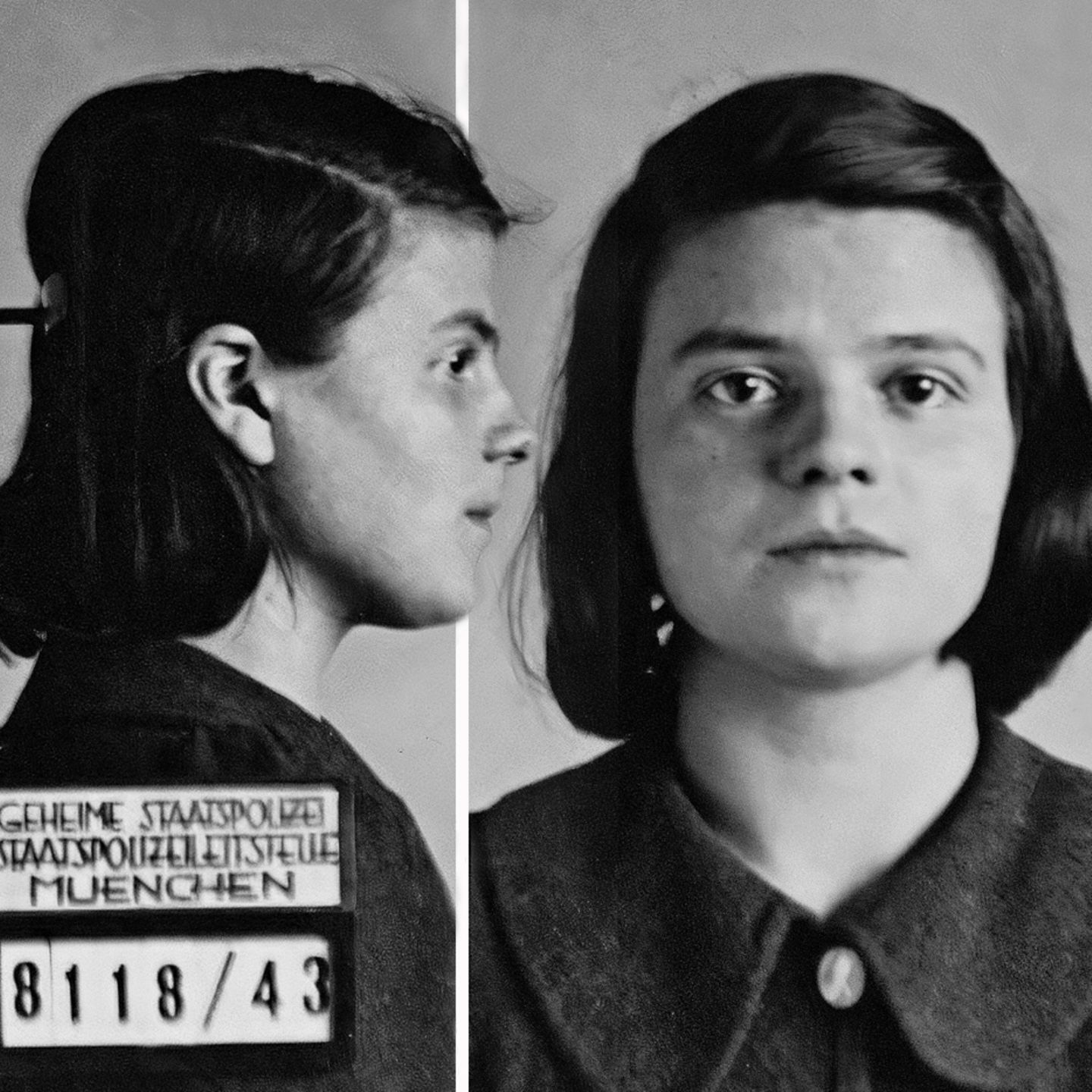 Sophie Scholl am 18. Februar 1943 nach ihrer Verhaftung. Vier Tage später wurde sie zum Tode verurteilt und hingerichtet, genau wie ihr Bruder Hans Scholl und der gemeinsame Freund Christoph Probst
