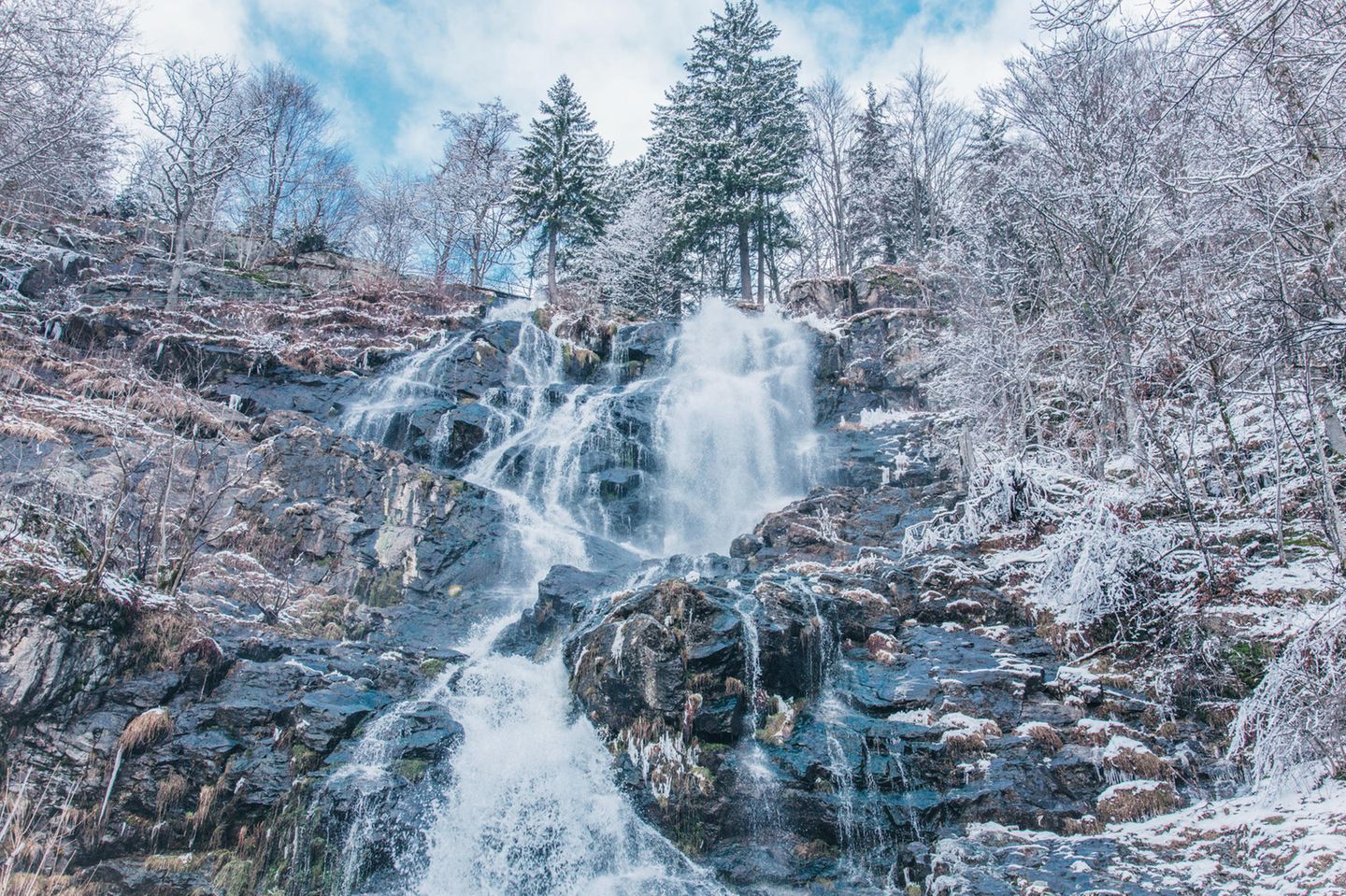 Wasser marsch: Mitreißende Naturspektakel Wasserfall mit schneebedeckten Bäumen