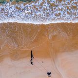 3rd Place - Russell Charters - Australia  Walking the dog along the beach. Photo taken by DJI Mavic Air2 drone of my partner walking our dog, Luna. ( Focal length 24mm, F/2.8, 1/100 sec, ISO1000.)