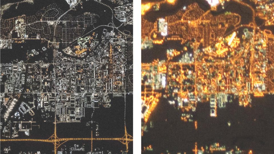 Umwelt: Astronautenfotos von East Calgary, Alberta, zeigen Beispiele dafür, wie sich die Beleuchtung von 2010 (links) bis 2021 (rechts) verändert hat. Viele Straßenlaternen wurden von orangefarbenen Natriumdampf-Hochdrucklampen auf weiße LED-Lampen umgerüstet und neue Beleuchtungen wurden in neu gebauten Siedlungen und entlang von Autobahnen installiert. Die Fotos wurden nicht mit denselben Einstellungen aufgenommen und haben eine unterschiedliche räumliche Auflösung. Das Foto von 2010 erscheint aufgrund der anderen Kameraeinstellung und des Unschärfeeffekts der geringeren Auflösung etwas heller Astronautenfotos von East Calgary, Alberta, zeigen Beispiele dafür, wie sich die Beleuchtung von 2010 (links) bis 2021 (rechts) verändert hat. Viele Straßenlaternen wurden von orangefarbenen Natriumdampf-Hochdrucklampen auf weiße LED-Lampen umgerüstet und neue Beleuchtungen wurden in neu gebauten Siedlungen und entlang von Autobahnen installiert. Die Fotos wurden nicht mit denselben Einstellungen aufgenommen und haben eine unterschiedliche räumliche Auflösung. Das Foto von 2010 erscheint aufgrund der anderen Kameraeinstellung und des Unschärfeeffekts der geringeren Auflösung etwas heller