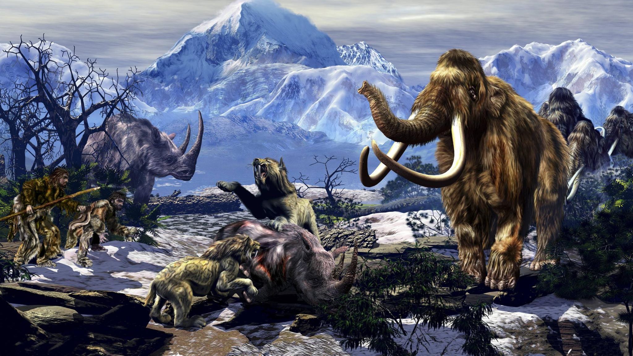 Graphik der letzten Eiszeit mit Mammut, Säbelzahnkatzen und Wolnashörnern
