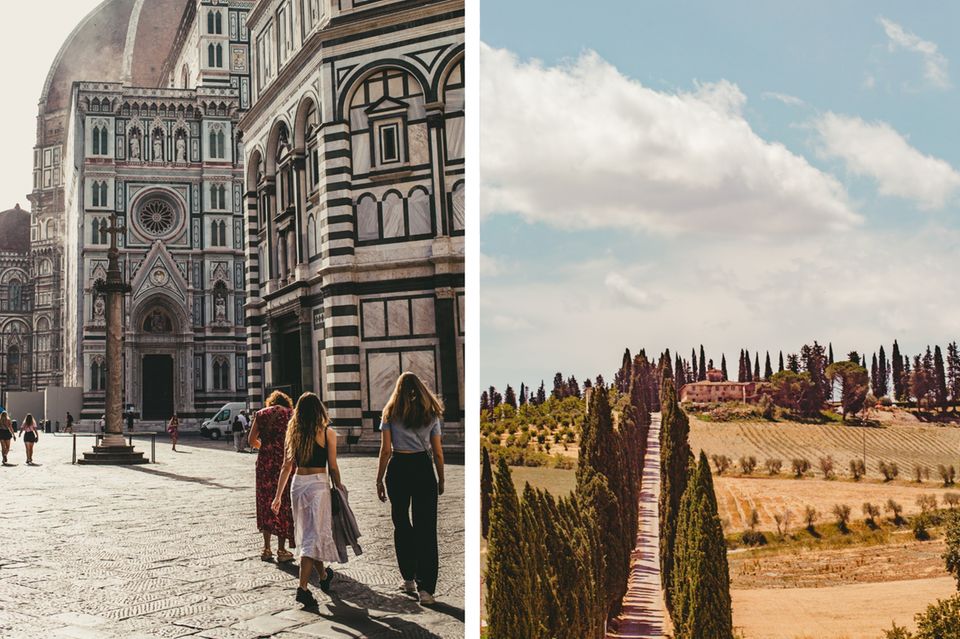 Dom in Florenz und Landschaft mit Zypressen in der Toskana