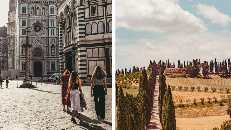 Dom in Florenz und Landschaft mit Zypressen in der Toskana Dom in Florenz und Landschaft mit Zypressen in der Toskana