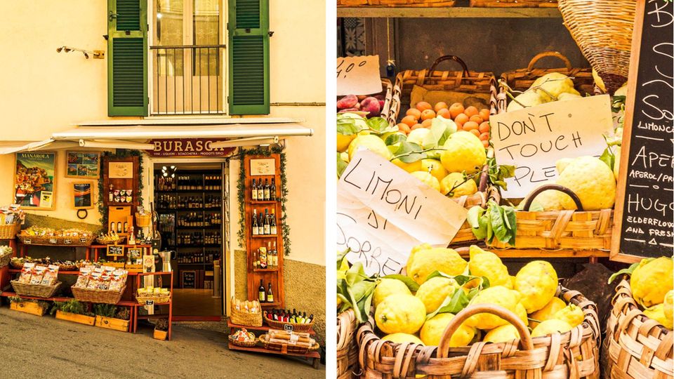 Laden mit Essen in Italien mit Spaghetti, Wein und Zitronen