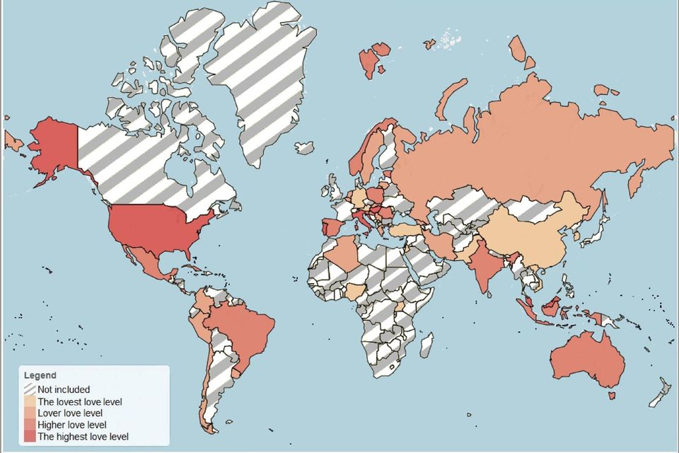 Weltkarte, auf denen Ländern mit mehr Liebe rot gekennzeichnet sind