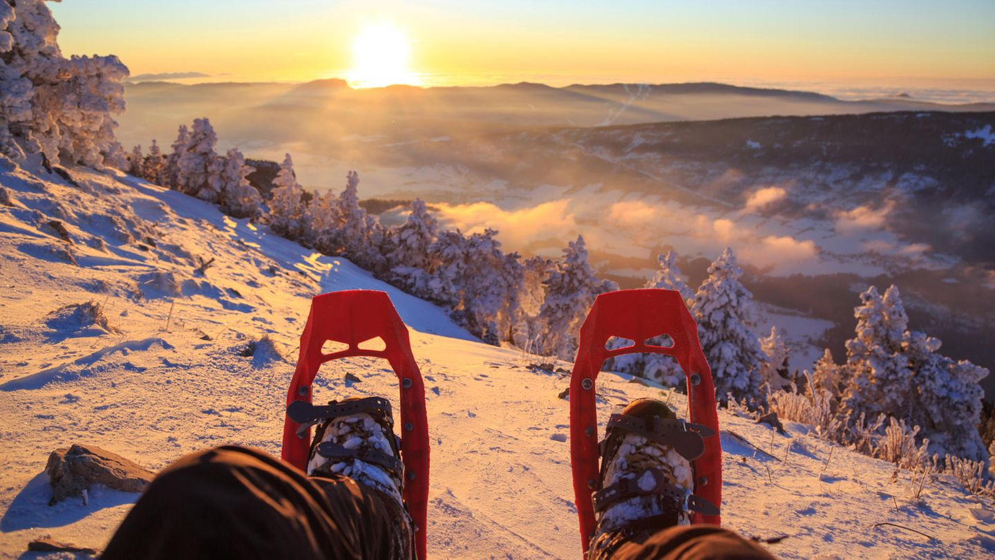 Schneeschuhwandern: Schneeschuhe vor winterlicher Landschaft Schneeschuhwandern: Schneeschuhe vor winterlicher Landschaft