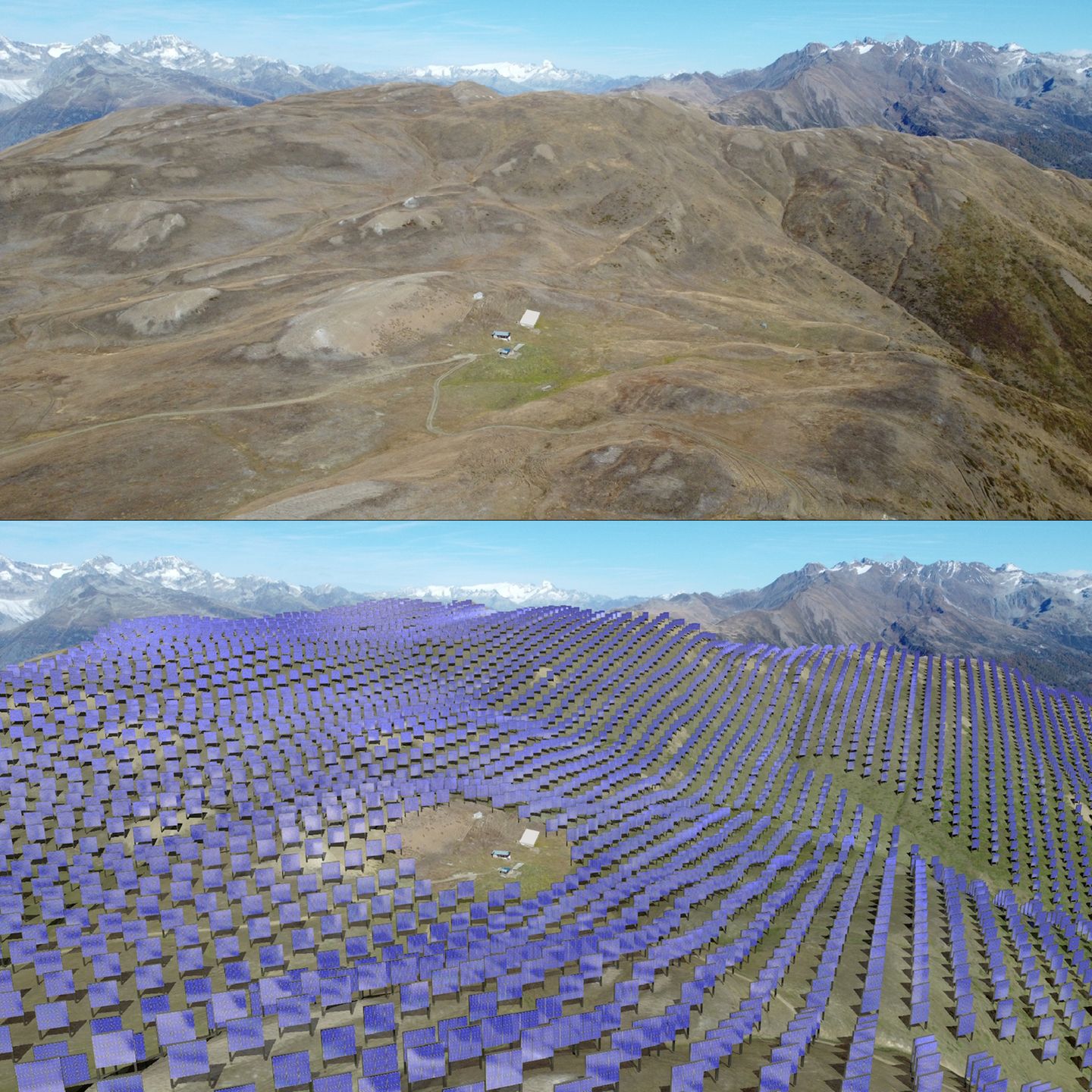 Blick auf die Alpe Furggen im Saflischtal im Oktober 2022 (oben). Die Illustration (unten) zeigt, wie das Gebiet nach der Entwicklung des Projekts "Grengiols Solar" nach Einschätzung der Interessengemeinschaft Saflischtal aussehen wird