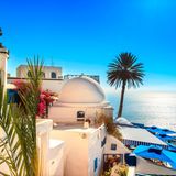 Im Norden Tunesiens, nur etwa eine halbe Stunde Autofahrt von Tunis entfernt, schmiegt sich das bildhübsche Künstlerdorf Sidi Bou Said an die Küste. Blau-weiße Häuschen und Palais drängen sich in den engen Gassen des kleinen Ortszentrums aneinander, blühende Kletterpflanzen an den Fassaden und in den Gärten und Hinterhöfen schaffen zusätzliche Farbtupfer. Das pittoreske Dorf inspirierte schon große Künstler wie Paul Klee und August Macke, die hier bedeutende Werke malten. Heute steht Sidi Bou Said unter Denkmalschutz. Handwerksläden und Kunstgalerien, Souvenirläden und Ateliers laden Interessierte zum Stöbern ein