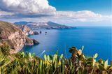 Lipari, Sicily, Italy - July 18, 2020: Beautiful view of the island of Vulcano from the island of Lipari