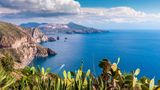 Lipari, Sicily, Italy - July 18, 2020: Beautiful view of the island of Vulcano from the island of Lipari