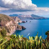 Lipari, Sicily, Italy - July 18, 2020: Beautiful view of the island of Vulcano from the island of Lipari