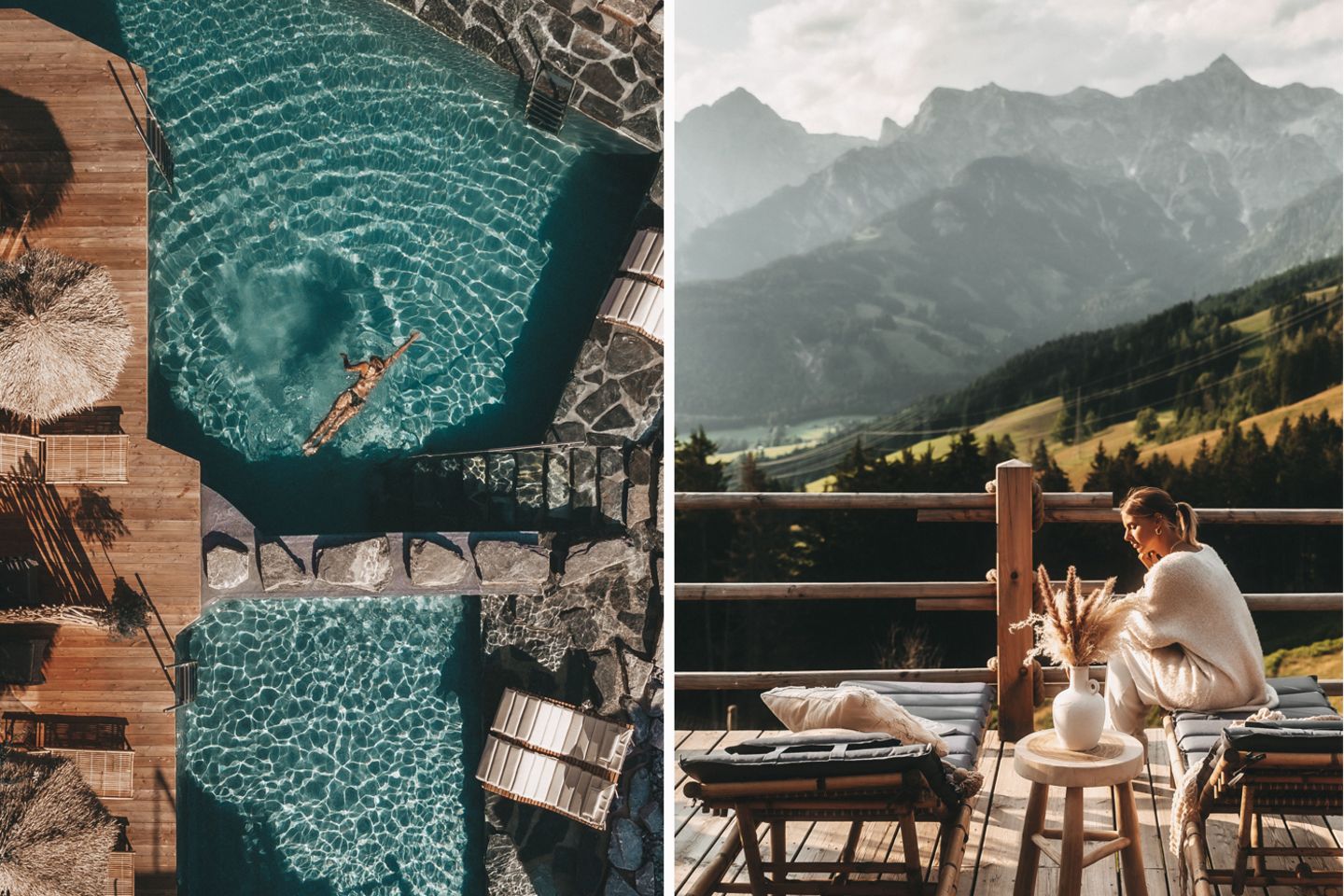 Ibiza-Feeling und Beachvibes auf 1150 Metern über dem Meer: Die "Jufenalm" ist ein almgewordener Boho-Traum aus Strohschirmen vor sattgrünen Bergwiesen. Hinter ihrer Holzkulisse ist alles beige, schwarz und weiß. Sogar die Gäste scheinen sich modisch auf den Look des Hauses abgestimmt zu haben. Der Naturbadeteich, der verspiegelte Sauna-Kubus, die vielen kuscheligen Lounge-Inseln und auch Kater Findus, der unter Pampasgraswedeln döst, sind Instagram-Schönheiten. Familie Rohrmoser hat die Coronapause für ein komplettes Relooking genutzt. Meine anfängliche Skepsis gegenüber der superschicken Design-Hütte wich prompt der Begeisterung: Wer hätte gedacht, dass Trockenblumen-Wolken, Makramee-Wandbehänge und die Patina der Holzwände aus alten Stadeln so herrlich in die Berge passen? Kein Wunder, dass sich viele mit Sinn für Romantik – und ich mich! – in die "Jufenalm" verliebt haben.