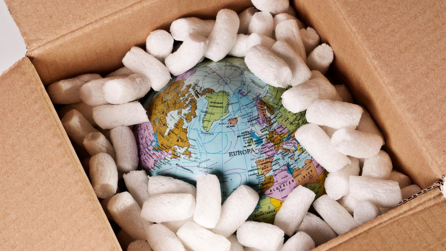 Styropor entsorgen: Karton mit in Styropor verpacktem Globus