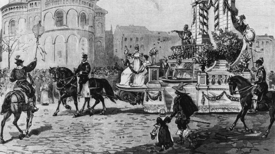 Schwarz-Weiß-Darstellung Kölner Karneval 1894: "Prinz Karneval" fährt auf Kutschen-Wagen