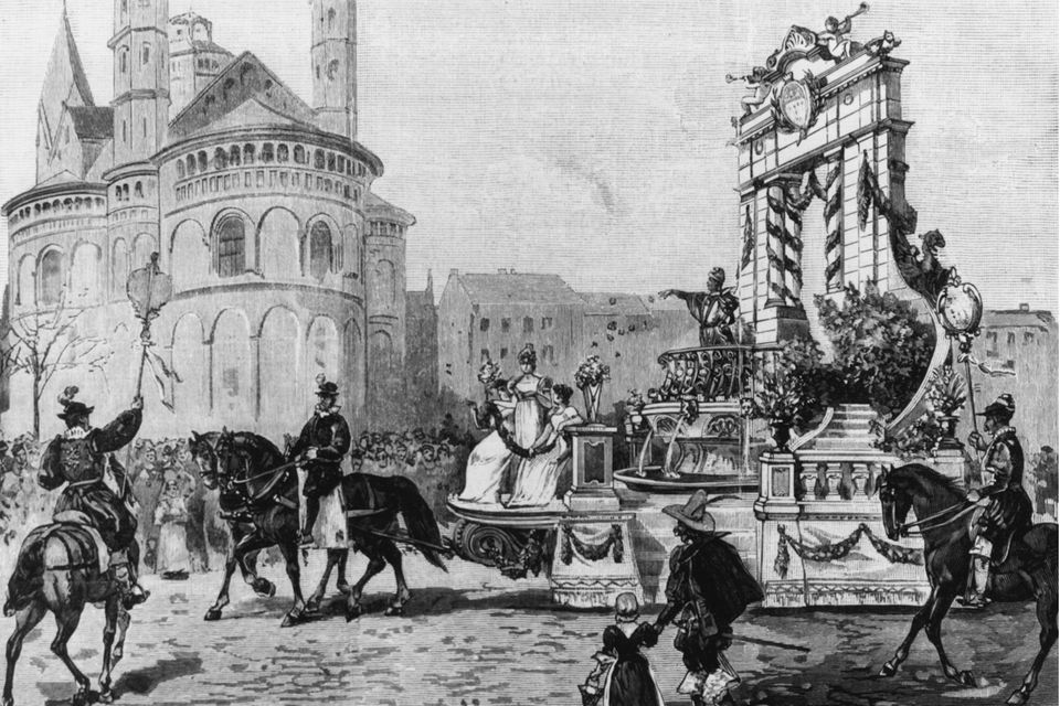 Schwarz-Weiß-Darstellung Kölner Karneval 1894: "Prinz Karneval" fährt auf Kutschen-Wagen