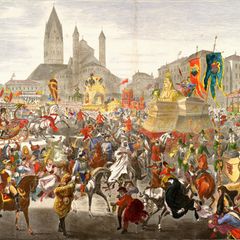 Historische Darstellung des Kölner Karnevals 1870: Bunt gekleidete Bürger feiern