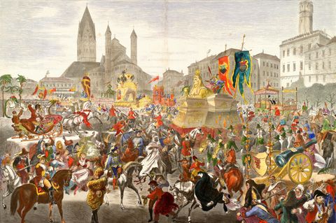 Historische Darstellung des Kölner Karnevals 1870: Bunt gekleidete Bürger feiern