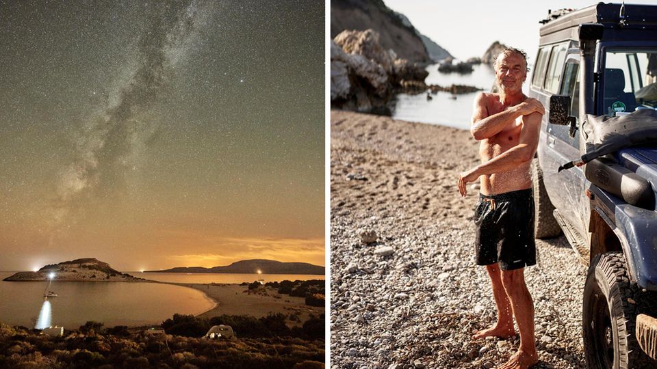 Roadtrip: Nach einem Bad im Meer spült Hauke das Salz mit der Solardusche ab. Und am Abend dann die Lightshow mit Stars und Sternchen Nach einem Bad im Meer spült Hauke das Salz mit der Solardusche ab. Und am Abend dann die Lightshow mit Stars und Sternchen