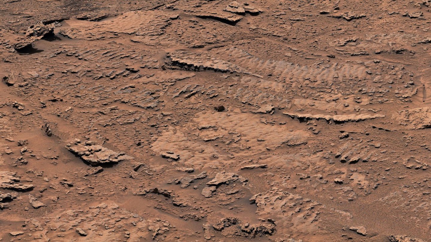 Im Sediment eines vor Milliarden Jahren ausgetrockneten, flachen Sees haben sich wellenartige Strukturen erhalten, wie sie heute noch im Wattenmeer zu beobachten sind