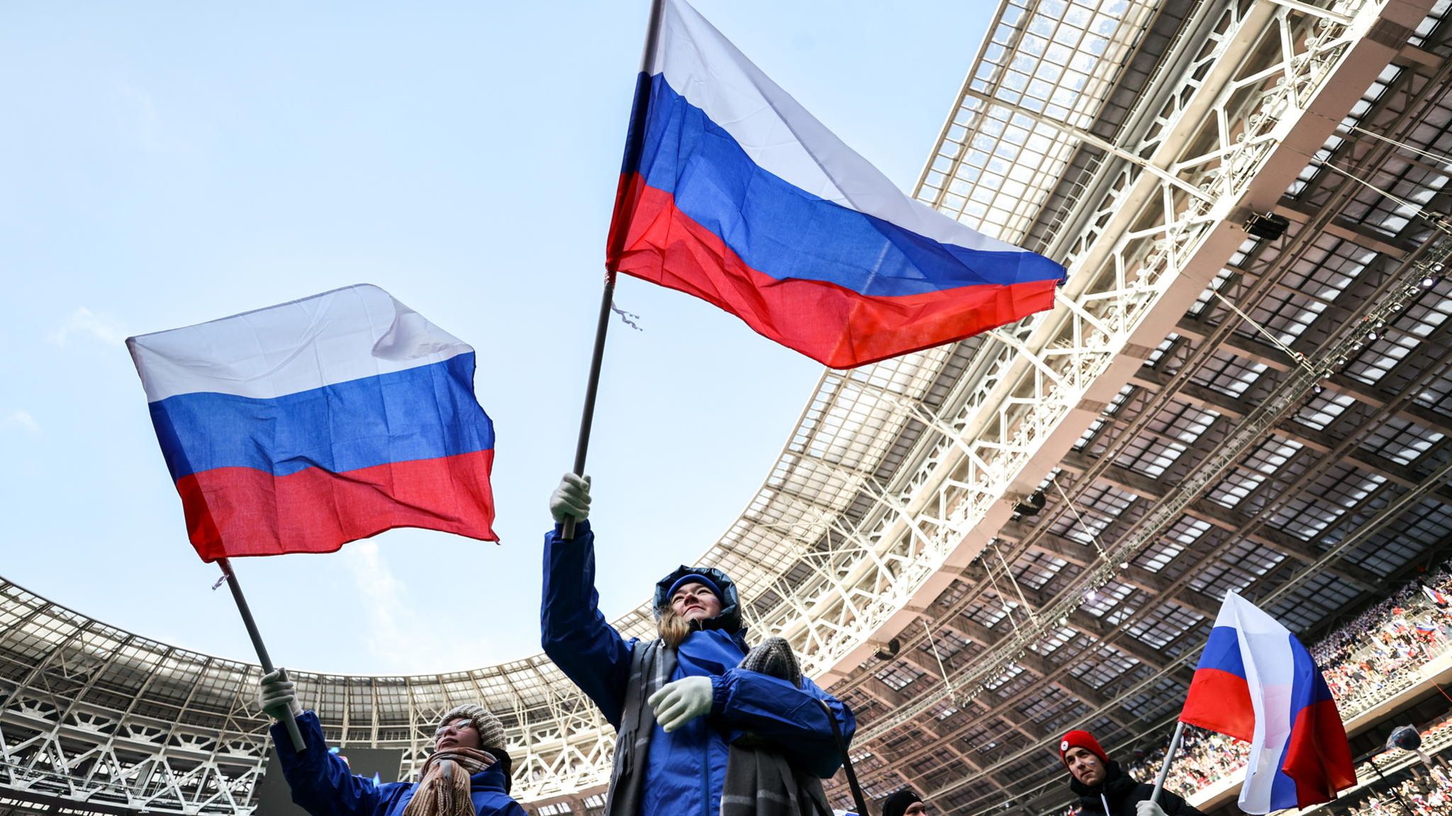 Weniger als zwei Prozent der Befragten geben Russland die Schuld für die Toten und die Zerstörung in der Ukraine, sagt Alexey Levinson. Dennoch verfange die heroische Staatspropaganda, hier im Olympiastadion Luzhniki, kaum bei den Menschen