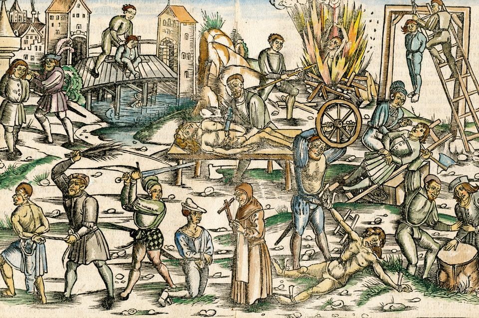 Überblick des Grauens: Der kolorierte Holzschnitt aus dem 16. Jahrhundert zeigt gängige Tötungs- und Foltermethoden 1.4535