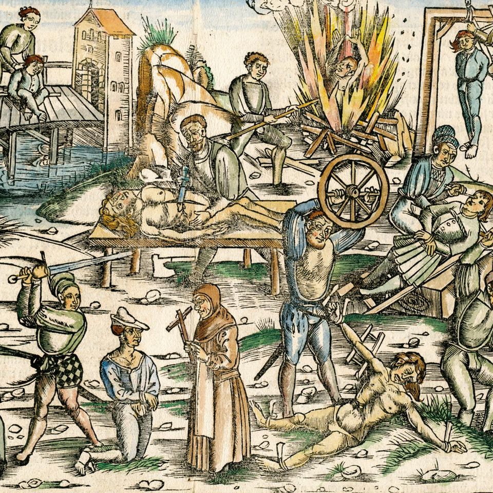 Überblick des Grauens: Der kolorierte Holzschnitt aus dem 16. Jahrhundert zeigt gängige Tötungs- und Foltermethoden
