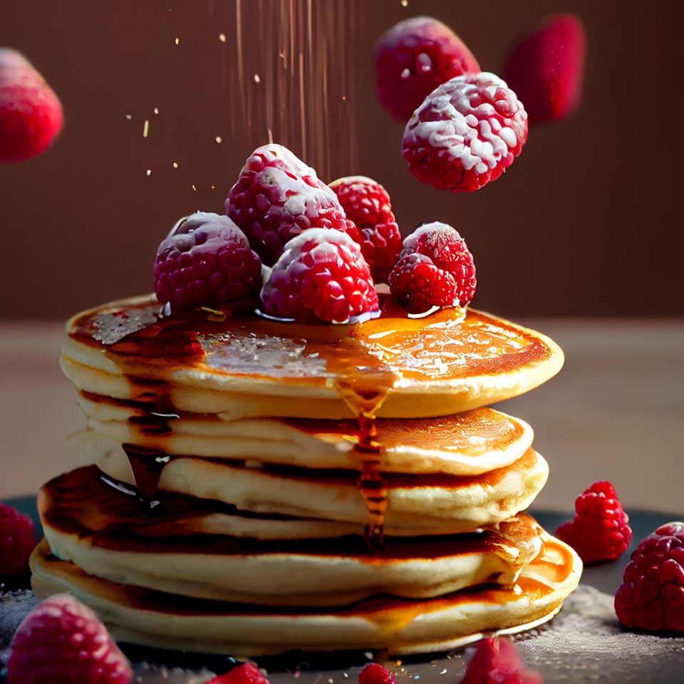 Nahaufnahme von Pfannkuchen, mit frischen Himbeeren und Ahornsirup