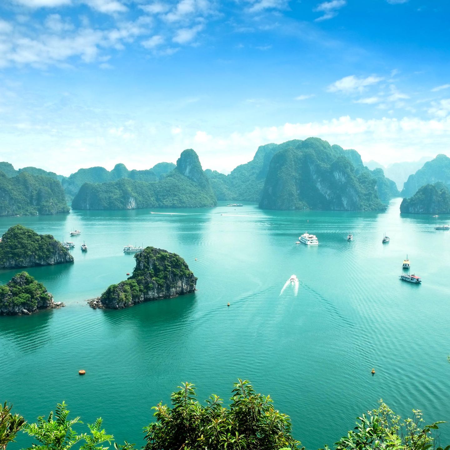 Bucht von Halong mit türkisfarbenem Wasser und begrünten Felsen, die aus dem Wasser ragen