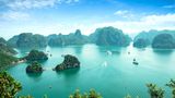 Bucht von Halong mit türkisfarbenem Wasser und begrünten Felsen, die aus dem Wasser ragen