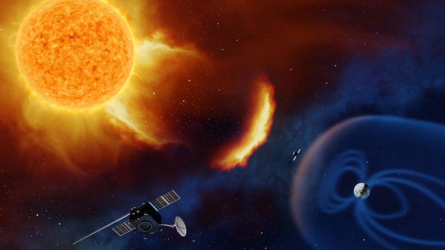 Sonneneruptionen (hier illustriert durch ein Schaubild der Esa) können auch Folgen für das Leben auf der Erde haben: Es winken wunderschöne Polarlichter, aber auch Stromausfälle und zerstörte Satelliten