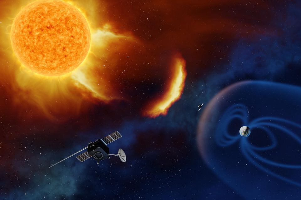 Sonneneruptionen (hier illustriert durch ein Schaubild der Esa) können auch Folgen für das Leben auf der Erde haben: Es winken wunderschöne Polarlichter, aber auch Stromausfälle und zerstörte Satelliten