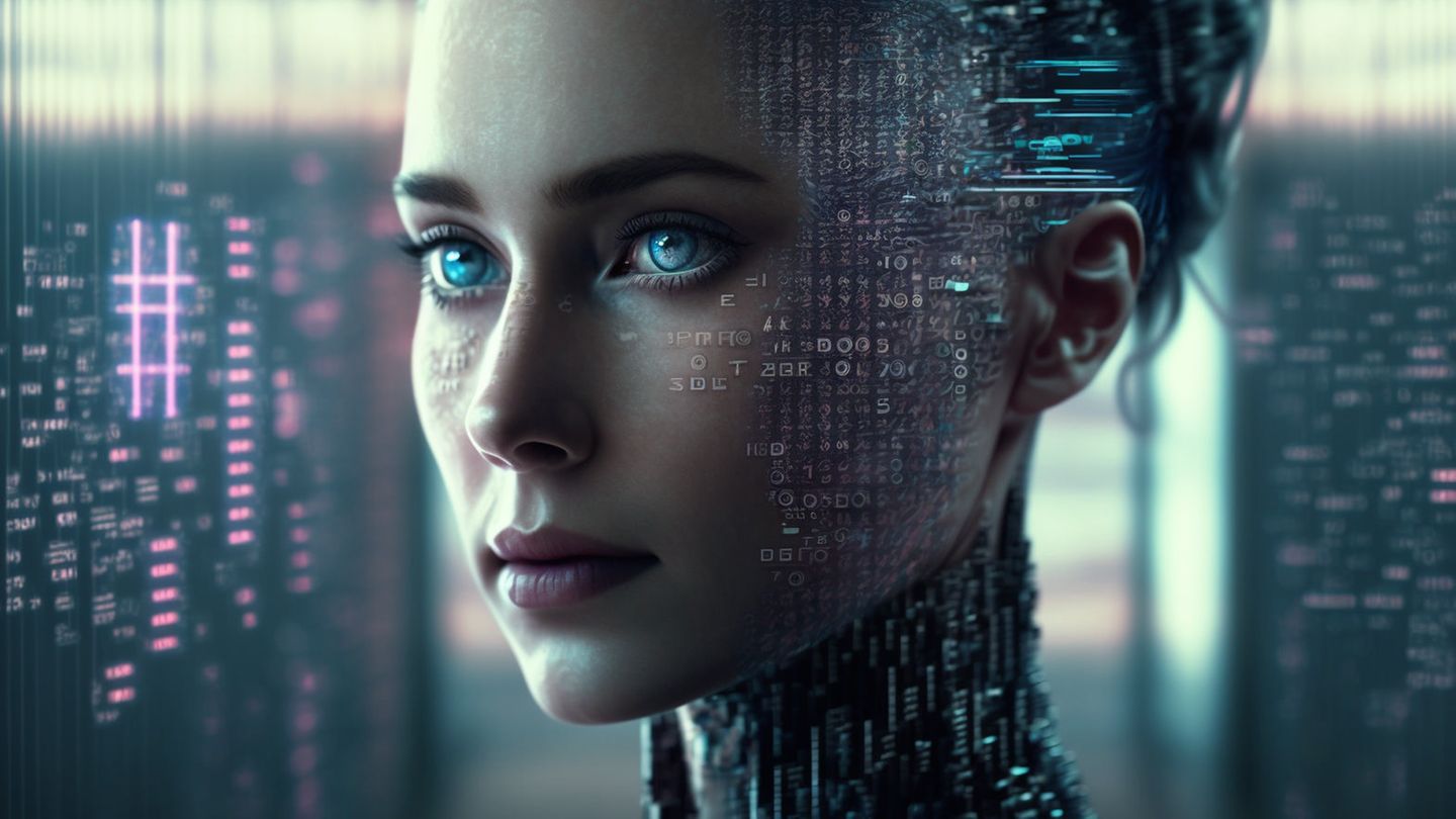 ChatGPT - Eine Roboter-Frau vor einem Hintergrund aus Hologrammen