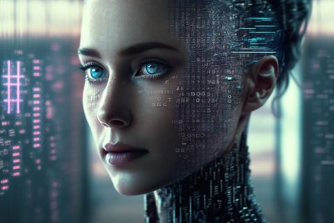 ChatGPT - Eine Roboter-Frau vor einem Hintergrund aus Hologrammen