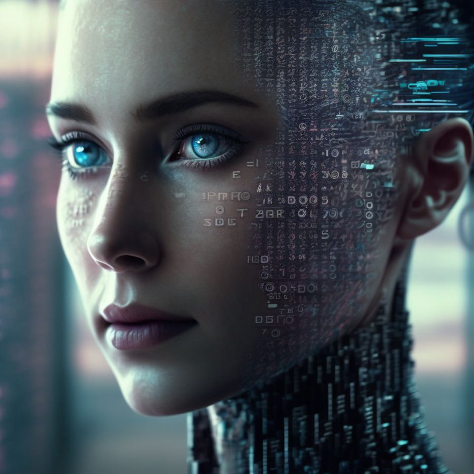 ChatGPT - Eine Roboter-Frau vor einem Hintergrund aus Hologrammen
