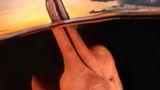 Ein Flussdelfin hält bei Sonnenuntergang seinen Schnabel über das Wasser