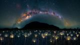 Keine Wunderkerzen oder Alien-Blumen, sondern Wildblumen der Gattung Paepalanthus, gekrönt von der Milchstraße, fotografierte Marcio Esteves Cabral aus Brasilien im Hochland von Veadeiros
