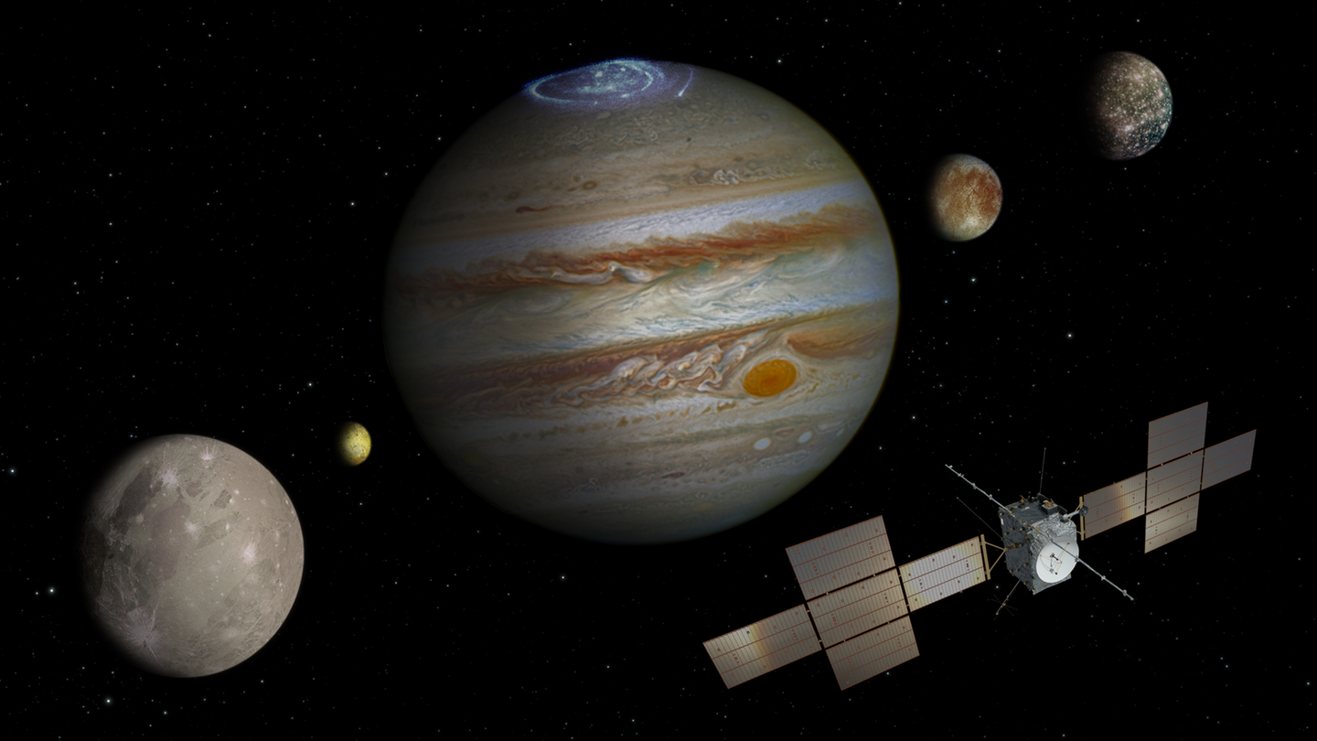 Europäische Weltraumsonde : Das Ziel einer langen Reise: der Jupiter und seine Monde Ganymed, Io, Callisto und Europa Das Ziel einer langen Reise: der Jupiter und seine Monde Ganymed, Io, Callisto und Europa