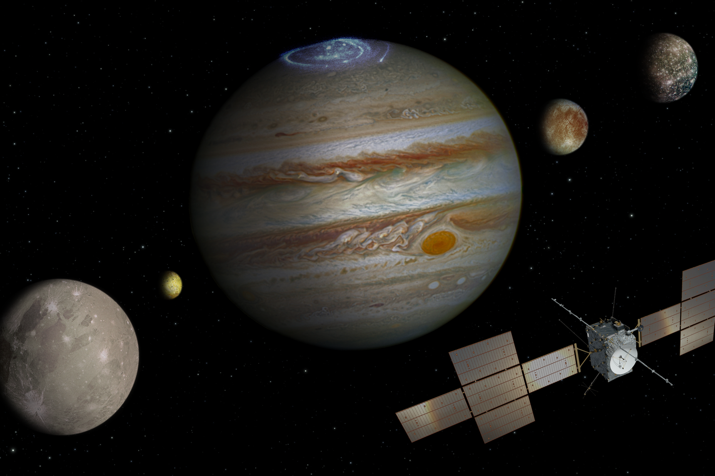 Das Ziel einer langen Reise: der Jupiter und seine Monde Ganymed, Io, Callisto und Europa