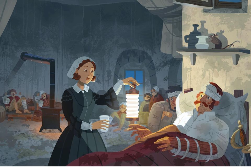 Illustration von Florence Nightingale, die im Lazarett mit einer Laterne nach ihren Patienten schaut