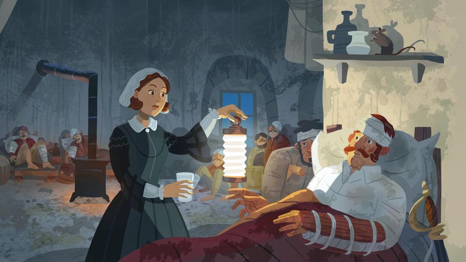 Illustration von Florence Nightingale, die im Lazarett mit einer Laterne nach ihren Patienten schaut
