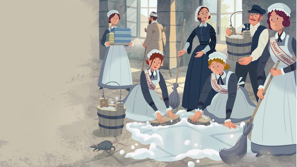 Illustration von Florence Nightingale im Militärkrankenhaus. Sie schrubbt mit anderen Krankenschwestern den Boden