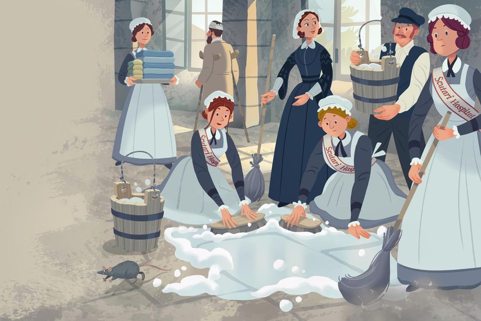 Illustration von Florence Nightingale im Militärkrankenhaus. Sie schrubbt mit anderen Krankenschwestern den Boden