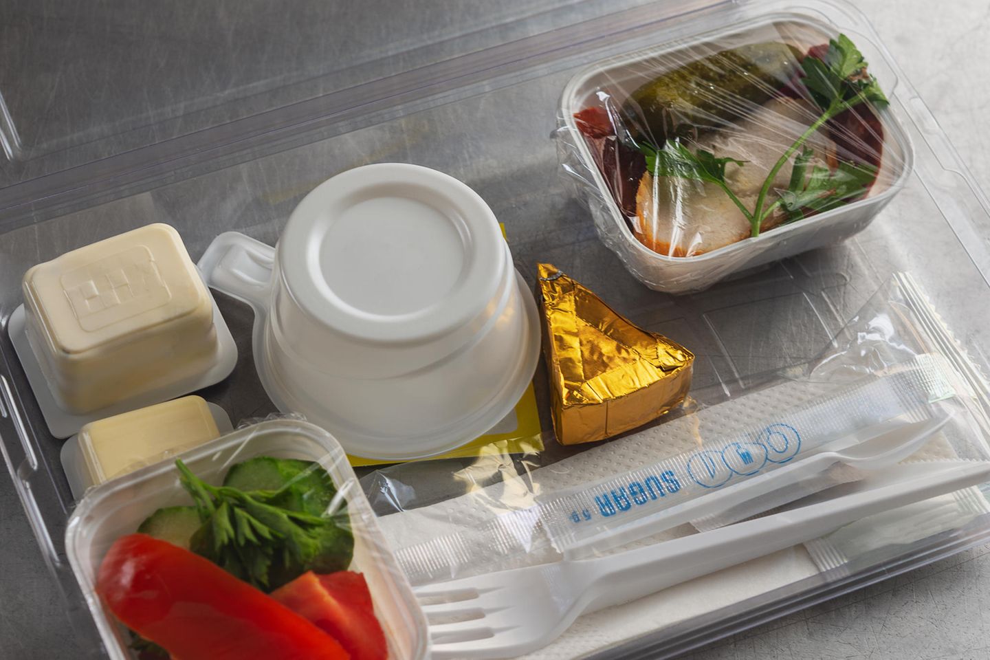 Tablett mit Essen im Flugzeug