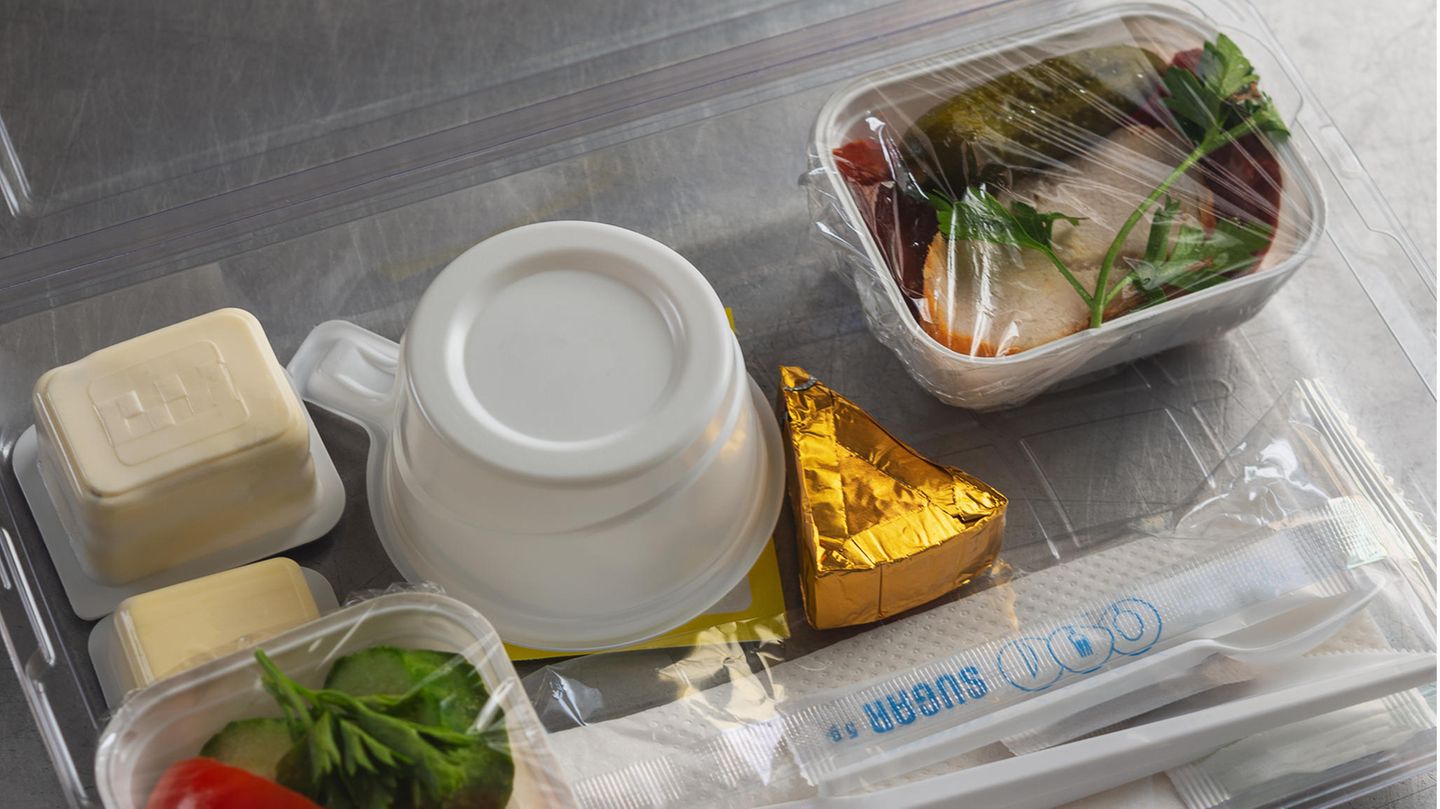 Tablett mit Essen im Flugzeug