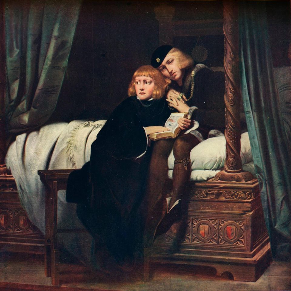 König Eduard IV. hinterlässt 1483 zwei Söhne: den zwölf­jährigen Eduard (links), rechtmäßiger Thronerbe, sowie dessen jüngeren Bruder. Dieses Bild zeigt die Prinzen im Londoner Tower, wo ihr Onkel Richard sie einsperren lässt