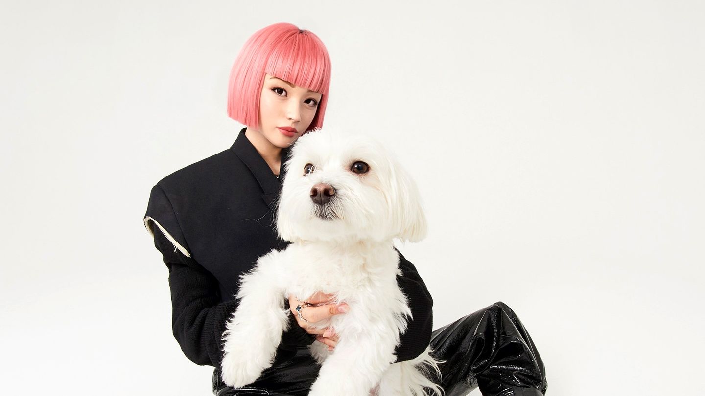 Virtuelle junge Frau mit pinken Haaren und einem Hund