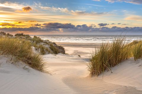 Blick über die Dünen aufs Meer bei Sonnenuntergang