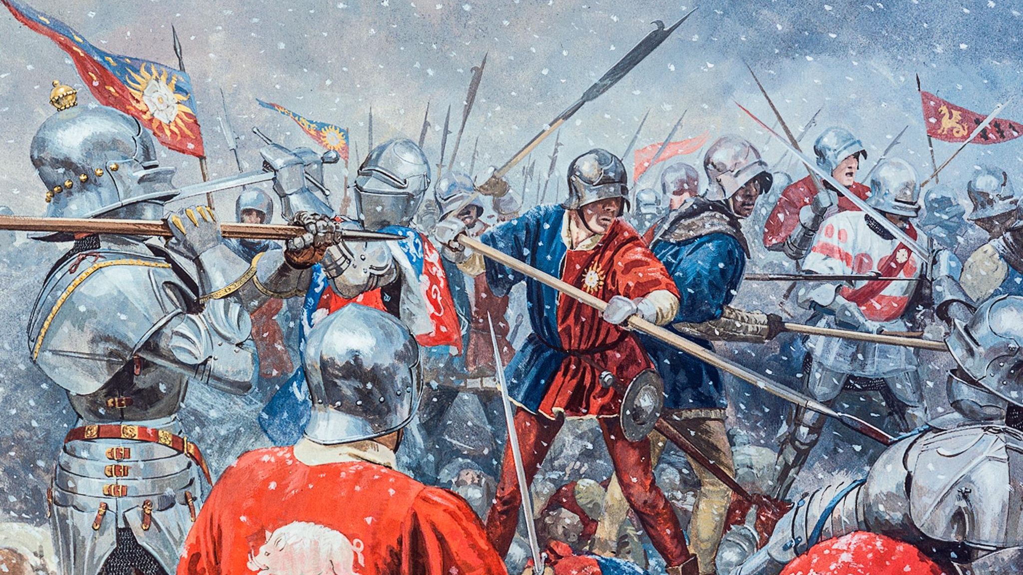 Rosenkriege: Schneetreiben herrscht bei Towton am Morgen des 29. März 1461, als die verfeindeten Yorkisten und Lancastrianer aufeinandertreffen. Stundenlang branden die beiden Heere auf den Wiesen zwischen den Dörfern Towton und Saxton gegeneinander Schneetreiben herrscht bei Towton am Morgen des 29. März 1461, als die verfeindeten Yorkisten und Lancastrianer aufeinandertreffen. Stundenlang branden die beiden Heere auf den Wiesen zwischen den Dörfern Towton und Saxton gegeneinander