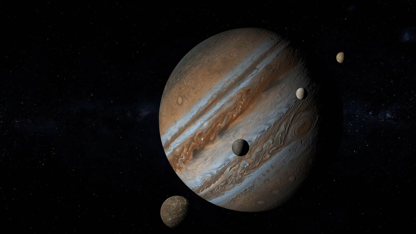 Jupiter und seine Monde (Fotomontage) - JUICE: ESA-Mission zur Erforschung von Jupiter und drei seiner Monde